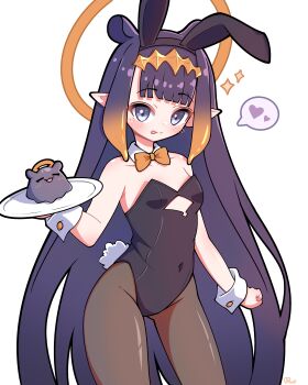 1girl absurdres animal_ears black_leotard bow bowtie bunny_day detached_collar diamond_hairband fake_animal_ears gradient_hair halo halo_behind_head highres hololive hololive_english holomyth leotard multicolored_hair ninomae_ina&#039;nis pantyhose playboy_bunny pointy_ears purple_hair rabbit_ears rabbit_tail shutowl strapless strapless_leotard tail takodachi_(ninomae_ina&#039;nis) tentacle_hair virtual_youtuber wrist_cuffs
