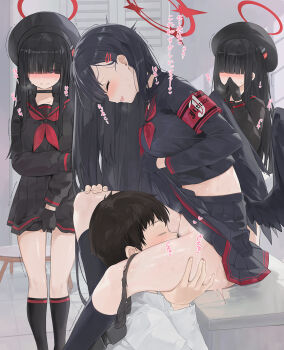 1boy 3girls black_gloves black_hair black_sailor_collar black_serafuku black_shirt black_skirt blue_archive blue_eyes blunt_bangs blush bow breasts closed_eyes clothes_lift cunnilingus dema_hmw duplicate female_pubic_hair from_side gloves hair_over_eyes halo hetero highres ichika_(blue_archive) justice_task_force_member_(blue_archive) large_breasts leg_lock lifting_own_clothes long_hair looking_at_viewer multiple_girls neckerchief open_mouth oral panties pleated_skirt pubic_hair red_eyes red_neckerchief sailor_collar school_uniform sensei_(blue_archive) serafuku shirt sitting skirt skirt_lift small_breasts smile translation_request underwear
