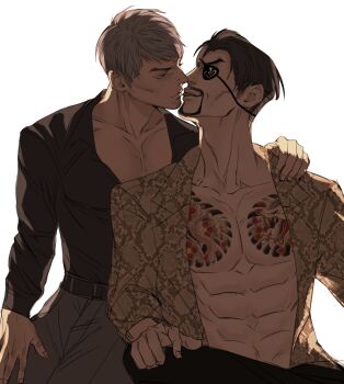 2boys abs black_hair black_shirt cheekbones commentary curtained_hair dress_shirt english_commentary facial_hair goatee grey_hair hair_down hand_on_another's_shoulder highres imminent_kiss irezumi kiryu_kazuma majima_goro male_focus mature_male multiple_boys muscular muscular_male pectoral_cleavage pectorals ryuu_ga_gotoku_(series) ryuu_ga_gotoku_8 shirt snake_print sotenborinpc soul_patch tattoo tongue tongue_out yaoi