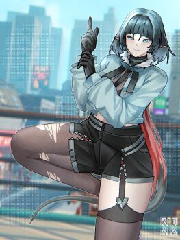 1girl 2024 adjusting_clothes adjusting_gloves animal_ears artist_name ass black_gloves black_hair black_shorts blurry blurry_background boots brown_pantyhose brown_thighhighs city cityscape coat commentary day depth_of_field ear_piercing english_commentary gloves gluteal_fold gradient_hair grey_boots grey_coat guard_rail high_heel_boots high_heels index_finger_raised jane_doe_(zenless_zone_zero) leg_up long_hair looking_at_viewer midriff mouse_ears mouse_girl mouse_tail muhammaddeny multicolored_hair outdoors pantyhose piercing prehensile_tail red_hair shorts single_leg_pantyhose single_thighhigh sleeveless smile solo standing standing_on_one_leg tail thick_thighs thighhighs thighs torn_clothes torn_pantyhose torn_thighhighs two-tone_hair zenless_zone_zero