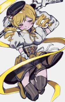 1girl beret black_gloves black_hat black_thighhighs blonde_hair breasts closed_mouth corset detached_sleeves drill_hair eir_(eiriiiiii) fingerless_gloves full_body gloves gun hat highres holding holding_gun holding_weapon magical_girl magical_musket_(madoka_magica) mahou_shoujo_madoka_magica mahou_shoujo_madoka_magica_(anime) medium_breasts midair neck_ribbon puffy_short_sleeves puffy_sleeves ribbon short_sleeves simple_background skirt smile solo soul_gem striped_clothes striped_thighhighs thighhighs tomoe_mami tomoe_mami_(magical_girl) twin_drills twintails vertical-striped_clothes vertical-striped_thighhighs weapon white_background yellow_eyes yellow_ribbon zettai_ryouiki