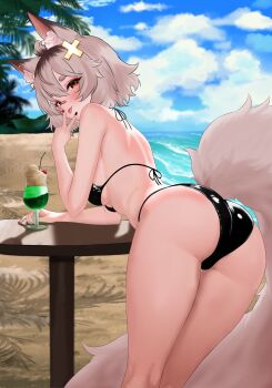 1girl absurdres animal_ears ass bikini black_bikini blue_sky breasts brown_eyes brown_hair cherry cloud cloudy_sky cup day dfswift drink drinking_glass drinking_straw eyeshadow food fox_ears fox_girl fox_tail fruit gradient_hair grey_hair hair_ornament halterneck highres ice_cream ice_cream_float indie_virtual_youtuber looking_at_viewer makeup medium_breasts melon_soda multicolored_hair outdoors red_eyeshadow shirahiko_(vtuber) side-tie_bikini_bottom sky solo string_bikini swimsuit tail thick_eyebrows tongue tongue_out v v_over_mouth virtual_youtuber x_hair_ornament