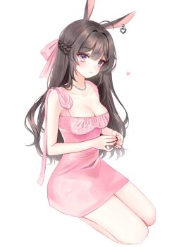 1girl ahoge animal_ears black_nails braid breasts brown_hair cleavage commentary dress earrings english_commentary full_body hair_intakes hair_ribbon half_up_braid heart heart_earrings highres jewelry large_breasts loltinami long_hair looking_at_viewer multicolored_eyes nail_polish necklace parted_lips pearl_necklace pink_dress pink_eyes pink_ribbon rabbit_ears ribbon seiza self-portrait short_dress simple_background sitting sleeveless sleeveless_dress solo tinami_(vtuber) two-tone_eyes vdonburi very_long_hair virtual_youtuber watermark white_background