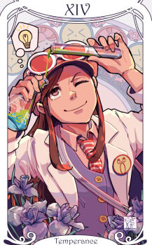 Rule 34 | 1girl, ace attorney, ace attorney investigations, arms up, brown eyes, brown hair, newsboy cap, card (medium), coat, collared shirt, ema skye, flask, flower, goggles, goggles on headwear, hat, holding, holding flask, holding test tube, horizontal-striped necktie, lab coat, light bulb, long hair, necktie, one eye closed, pink hat, red necktie, saginoko, shirt, smile, solo, speech bubble, spoken light bulb, striped necktie, tarot, tarot (medium), temperance (tarot), test tube, thought bubble, vest, white coat