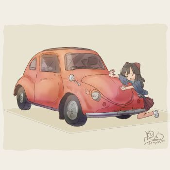 1girl 2020 20s absurdres attan_(irohiza) blue_kimono blush bow brown_hair car closed_eyes dated grey_background hair_bow hakama highres irohiza january japanese_clothes kimono kneeling long_hair long_sleeves motor_vehicle open_mouth original red_bow red_hakama smile socks volkswagen volkswagen_beetle white_socks wide_sleeves