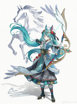 1girl absurdres alternate_costume animal_ears aqua_eyes aqua_hair arrow_(projectile) black_kimono blue_boots blue_coat blue_kimono boots bow_(weapon) closed_mouth coat commentary_request drawing_bow fingerless_gloves fur-trimmed_boots fur_trim gloves hair_ornament hatsune_miku highres holding holding_arrow holding_bow_(weapon) holding_weapon horse horse_ears horse_girl horse_tail japanese_clothes kemonomimi_mode kimono long_hair long_sleeves looking_at_viewer memory_mie obi sash solo tail twintails very_long_hair vocaloid weapon