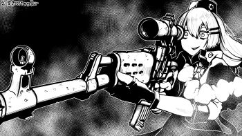 1girl absurdres commentary_request dragunov_svd girls'_frontline greyscale gun highres long_hair monochrome open_mouth rifle simple_background smile sniper_rifle solo standing svd_(girls'_frontline) taida twintails weapon