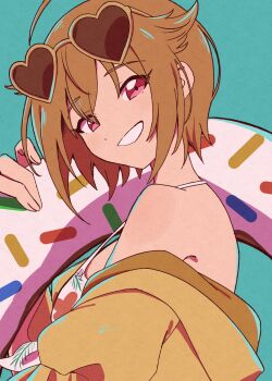 1girl absurdres bikini blonde_hair blue_background commentary_request eyewear_on_head from_side grin hair_flaps heart heart-shaped_eyewear highres holding holding_swim_ring ibuki_tsubasa idolmaster idolmaster_million_live! innertube jacket looking_at_viewer looking_to_the_side nishigori pink_eyes short_hair smile solo sunglasses swim_ring swimsuit upper_body yellow_jacket
