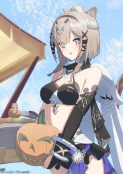 1girl animal_ears bikini black_bikini black_gloves black_shorts blue_eyes blue_sky blunt_bangs breasts brown_hair cat_ears cat_girl cat_tail commentary_request gloves green_eyes heterochromia highres holding holding_pumpkin honkai_(series) honkai_impact_3rd kenjirohayamiti looking_at_viewer medium_breasts pardofelis pardofelis_(reverist_calico) parted_lips partially_fingerless_gloves pumpkin short_hair_with_long_locks short_shorts shorts sky solo swimsuit tail
