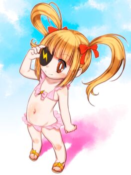 1girl bikini character_request commentary_request copyright_request eyepatch flat_chest full_body highres loli navel sandals smile solo swimsuit teruki_kuma twintails