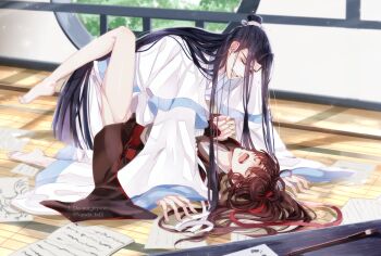 Rule 34 | 2boys, ahoge, anal, bare legs, barefoot, bishounen, black hair, black hanfu, blue sash, blush, book, bottomless, bound, bound wrists, brown hair, calligraphy brush, chinese clothes, closed eyes, commentary request, crying, hair ribbon, hanfu, high ponytail, highres, implied sex, indoors, kanda faf2, kneeling, lan wangji, long hair, long sleeves, looking at another, lying, male focus, male penetrated, missionary, modao zushi, multiple boys, on back, on floor, open book, open mouth, paintbrush, paper, papers, ponytail, red eyes, red ribbon, red sash, ribbon, robe, round window, saliva, sash, sex, sidelocks, sweat, table, topknot, twitter username, very long hair, watermark, wei wuxian, white hanfu, wide sleeves, window, wooden floor, xiao guan (headdress), yaoi