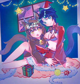 2girls :o ahoge alternate_costume animal_costume animal_ears antlers arm_support bell bikini black_hair blue_eyes bow bowtie box breasts brown_hair christmas christmas_lights christmas_ornaments cleavage closed_mouth commentary_request cropped_jacket crossed_bangs ear_ornament ear_piercing fake_antlers flat_chest fuji_kiseki_(umamusume) fur_trim gift gift_box hair_between_eyes hat horns horse_ears horse_girl horse_tail indoors jacket jingle_bell jungle_pocket_(umamusume) large_breasts long_sleeves looking_at_viewer medium_hair mini_hat multicolored_hair multiple_girls navel onion099 open_clothes open_jacket open_mouth piercing red_bikini red_bow red_bowtie red_hat red_jacket red_skirt reindeer_antlers reindeer_costume santa_bikini santa_costume santa_hat short_hair sidelocks sitting skirt smile standing stomach swimsuit tail umamusume white_hair window yellow_eyes