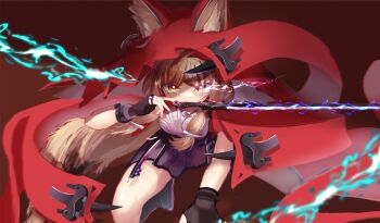 1girl absurdres animal_ear_fluff animal_ears arknights arknights:_endfield arknomas black_gloves blonde_hair cape commentary_request dress ears_through_headwear fingerless_gloves gloves highres hood hood_up hooded_cape looking_at_viewer open_mouth red_cape rossi_(arknights) solo squeans sword_in_mouth tail white_dress wolf_ears wolf_girl wolf_tail yellow_eyes