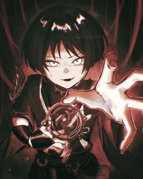 Rule 34 | 1boy, armor, black hair, black mouth, blunt ends, bodysuit, cable, clutching chest, covered collarbone, eyelashes, fingernails, frilled sleeves, frills, furisode, genshin impact, hand on own chest, highres, japanese armor, japanese clothes, jewelry, juban, kimono, kote, kxuni6, layered sleeves, looking at viewer, male focus, neck ring, o-ring, open hand, open mouth, reaching, reaching towards viewer, red theme, sash, scaramouche (genshin impact), short sleeves, single sode, solo, sweatdrop, tassel, teeth, tsurime, twitter username, upper body, wispy bangs