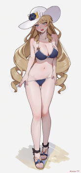 1girl absurdres alternate_costume artist_name bare_legs bare_shoulders bikini bikini_pull black_flower blonde_hair blue_bikini blue_eyes blush breasts cleavage clothes_pull collarbone commentary embarrassed feet flower footwear_request full_body genshin_impact gluteal_fold groin hat hat_flower highres large_breasts legs long_hair looking_at_viewer nail_polish navel navia_(genshin_impact) open_mouth sandals shade smile solo sooon stomach swimsuit thigh_gap toenail_polish toenails toes very_long_hair white_hat