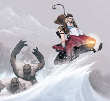 1girl 2others absurdres black_gloves blue_shirt braid braided_ponytail breasts brown_hair brown_jacket brown_shorts cleavage clenched_teeth day devilhs fur-trimmed_jacket fur_trim gloves grey_socks highres holster jacket lara_croft large_breasts long_hair monster multiple_others open_clothes open_jacket outdoors red_lips shirt short_shorts shorts snow snowmobile socks teeth thigh_holster tomb_raider very_long_hair yeti_(creature)