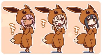 3girls :d animal_ears beige_background black_hair blush brown_eyes brown_footwear chibi chloe_von_einzbern closed_mouth commentary_request cosplay dark-skinned_female dark_skin eevee eevee_(cosplay) eevee_costume eevee_ears eevee_tail fang fate/kaleid_liner_prisma_illya fate_(series) gen_1_pokemon hair_ornament hairclip hands_up illyasviel_von_einzbern light_brown_hair long_sleeves miyu_edelfelt multiple_girls nintendo open_mouth pink_hair pokemon pokemon_tail shoes sleeves_past_wrists smile standing standing_on_one_leg star_(symbol) tail translation_request yoru_nai