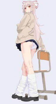 1girl :/ absurdres alternate_costume ass black_shoes black_skirt blush bow brown_cardigan cardigan chair commentary contemporary doubutsu_koujou fujiwara_no_mokou grey_hair hair_bow highres kneepits loafers long_hair long_sleeves looking_to_the_side loose_socks microskirt panties pantyshot red_eyes school_chair school_uniform shoes simple_background skirt socks solo touhou underwear very_long_hair white_bow white_panties white_socks