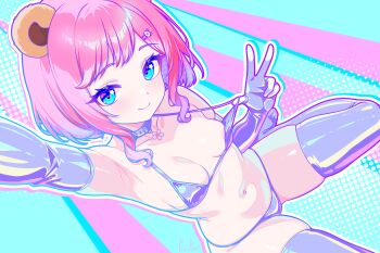 1girl absurdres animal_ears areola_slip armpits bear_ears bikini black_bikini black_choker blue_eyes blush breasts choker commentary elbow_gloves english_commentary finn_flint gloves gradient_hair highres indie_virtual_youtuber latex latex_bikini latex_legwear latex_thighhighs looking_at_viewer medium_hair multicolored_hair navel red_hair sati_akura sitting small_breasts smile solo strap_pull swimsuit thighhighs v virtual_youtuber wariza