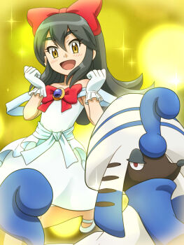 alouette_(pokemon) awa black_hair blue_dress blush dress furfrou gen_6_pokemon gloves idol jewelry key long_hair nintendo performance pokemon pokemon_(anime) pokemon_(creature) pokemon_performer pokemon_xy_(anime) ribbon tagme white_gloves yellow_eyes