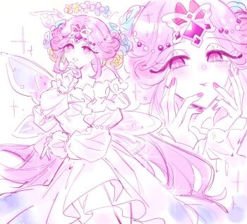 Rule 34 | 1girl, arm support, bare shoulders, blue flower, blue rose, blush, bright pupils, butterfly wings, circlet, closed mouth, commentary, cookie run, cookie run: kingdom, dress, english commentary, eternal sugar cookie, eternal sugar cookie (blooming bringer of sloth), eyelashes, flower, flower halo, gem, hair flower, hair ornament, halo, hand on own chin, hand up, heart-shaped gem, highres, insect wings, long hair, long sleeves, looking at viewer, multiple views, nail polish, off-shoulder dress, off shoulder, official alternate costume, pale skin, pearl (gemstone), pink eyes, pink gem, pink hair, pink nails, puffy long sleeves, puffy sleeves, purple flower, purple rose, rose, sanwawans, sidelocks, simple background, smile, sparkle, standing, teeth, very long hair, white background, white dress, white eyeshadow, white pupils, wings, yellow flower, yellow rose