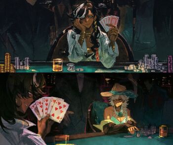 Rule 34 | 2girls, :3, argus (reverse:1999), bare shoulders, black hair, blonde hair, bracelet, breasts, brown choker, brown hat, brown sleeves, card, casino, casino card table, centurion (reverse:1999), choker, cleavage, cowboy hat, cup, dark-skinned female, dark skin, detached sleeves, drinking glass, eight of hearts, grey eyes, gusarlol, hand on own cheek, hand on own face, hands up, hashtag-only commentary, hat, heterochromia, highres, holding, holding card, jack (playing card), jack of hearts, jewelry, long braid, long hair, looking at another, looking at viewer, multicolored hair, multiple bracelets, multiple girls, nine of hearts, people, playing card, poker chip, reverse:1999, scar, scar across eye, scar on face, seven of hearts, shirt, straight flush (poker), streaked hair, table, tank top, ten of hearts, upper body, white hair, white shirt, white tank top, yellow eyes