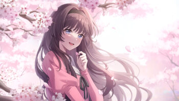 1girl black_hair black_hairband black_ribbon blue_eyes cherry_blossoms commentary_request falling_petals flower hairband highres holding holding_petal hyosi juliet_sleeves kaoru_hana_wa_rin_to_saku kikyo_private_academy_school_uniform long_hair long_sleeves looking_at_viewer neck_ribbon open_mouth petals pink_flower pink_petals pink_shirt puffy_sleeves ribbon school_uniform shirt smile solo teeth upper_body upper_teeth_only waguri_kaoruko