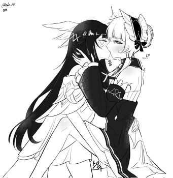 2girls bare_shoulders between_legs blush bonnet closed_eyes columbina_(genshin_impact) commentary detached_sleeves dress edo_011 genshin_impact greyscale hair_bun hand_on_another's_thigh hashtag-only_commentary head_wings highres kiss monochrome multiple_girls off-shoulder_dress off_shoulder sandrone_(genshin_impact) tears wings yuri