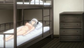 1girl bed black_bow bow breasts bunk_bed completely_nude grey_hair highres mugoku_no_kuni_no_alice nipples nude older_sister pillow sleeping