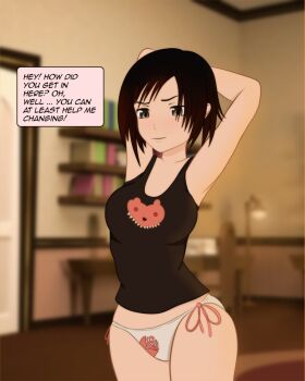 1girl 3d arms_behind_head bedroom black_hair breasts curvy english_text female_focus grey_eyes highres kikuyo medium_breasts multicolored_hair panties red_hair ruby_rose rwby short_hair smile solo tank_top underwear