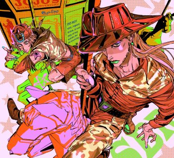 Rule 34 | 2boys, cowboy hat, goggles, goggles on headwear, green lips, grills, gyro zeppeli, hat, heart ornament, highres, horse print, horseshoe, horseshoe hat ornament, horseshoe ornament, johnny joestar, jojo no kimyou na bouken, multiple boys, spurs, steel ball (jojo), steel ball run, yellggg