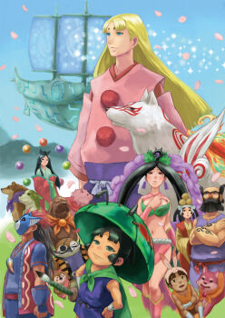 Rule 34 | amaterasu (ookami), beard, black hair, blonde hair, blue eyes, boat, character request, commentary request, crossed arms, dog, eyepatch, facial hair, issun, iwaya, japanese clothes, kimono, kushinada (ookami), mask, multiple boys, multiple girls, navel, obi, okikurumi (ookami), one eye closed, ookami (game), open mouth, petals, princess fuse, sakuya (ookami), sash, tongue, tongue out, ushiwakamaru (ookami), watercraft, wolf