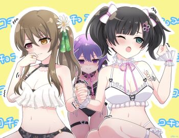 3girls ;o artist_name assault_lily bare_arms bare_shoulders bikini black_bikini black_collar black_hair blunt_bangs blush bow breasts brown_hair cleavage closed_mouth collar collarbone commentary_request commission cowboy_shot cross-laced_bikini cross-laced_clothes detached_collar floral_print flower frilled_bikini frilled_collar frills green_eyes groin hair_between_eyes hair_bow hair_flower hair_ornament halterneck hand_to_own_mouth hands_up heterochromia holding_hands interlocked_fingers jewelry kuo_shenlin leaning_forward long_hair looking_ahead looking_at_viewer medium_breasts mismatched_bikini motion_lines multi-strapped_bikini_bottom multiple_girls navel neck_ribbon o-ring o-ring_bikini o-ring_bottom official_alternate_costume official_alternate_hairstyle one_eye_closed open_mouth outline piatin pink_eyes pink_ribbon print_bikini print_ribbon purple_eyes purple_hair ribbon ring see-through_clothes shaded_face siblings side_ponytail sidelocks sisters sitting skeb_commission smile standing stomach swimsuit tearing_up text_background thigh_gap thigh_strap tickling tickling_breasts translated trembling twintails v-shaped_eyebrows wang_lifen wang_yujia white_bikini white_bow white_collar white_flower white_outline wrist_cuffs x_hair_ornament yellow_background yellow_eyes