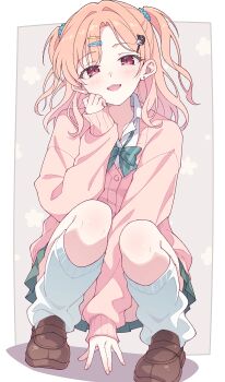 1girl bang_dream! blue_necktie border brown_hair brown_shoes cardigan commentary diagonal-striped_clothes diagonal-striped_necktie e20 green_skirt gyaru hair_ornament hairclip highres hiromachi_nanami leg_warmers loafers long_hair necktie open_mouth outside_border pink_cardigan pleated_skirt red_eyes shirt shoes skirt sleeves_past_wrists solo squatting striped_clothes teeth two_side_up upper_teeth_only white_border white_leg_warmers white_shirt