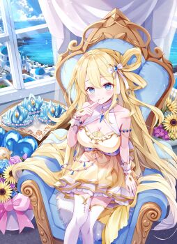 Rule 34 | 1girl, ahoge, battle spirits, blonde hair, blue eyes, blush stickers, breasts, cleavage, commentary, dress, finger to mouth, flower, from above, gold trim, hair ribbon, hair rings, hand jewel, haundo b, highres, indoors, large breasts, long hair, ocean, rei ooba, ribbon, sitting on throne, solo, sunflower, thighhighs, untranslatable commentary, vase, very long hair, white ribbon, white thighhighs, window, yellow dress