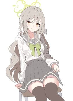 1girl black_thighhighs blush bow bowtie braid choppy_bangs clothes_lift diagonal-striped_bow flower_halo green_bow green_bowtie green_halo grey_hair grey_skirt hair_bow hair_ribbon halo lifting_own_clothes long_hair long_sleeves looking_at_viewer miyo_(blue_archive) pleated_skirt ribbon ribbon_braid school_uniform shirt simple_background skirt skirt_lift smile sob_(submar1089) solo striped_bow striped_bowtie striped_clothes thighhighs thighs unfinished white_background white_bow white_shirt yellow_eyes zettai_ryouiki