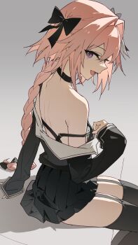 1boy absurdres astolfo_(fate) bare_shoulders black_dress braid braided_ponytail dress fate/grand_order fate_(series) from_behind gradient_background grey_background highres long_hair looking_at_viewer looking_to_the_side off_shoulder pink_hair purple_eyes sitting solo trap turning_head wuliwuli909