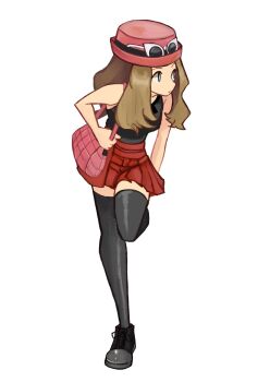 1girl bag black_shirt black_thighhighs blonde_hair breasts closed_mouth eyewear_on_headwear full_body grey_eyes hat highres long_hair looking_to_the_side nintendo pink_bag pink_hat pokemon pokemon_xy red_hat red_skirt serena_(pokemon) shirt shoes shoulder_bag simple_background skirt sleeveless sleeveless_shirt solo sunglasses thighhighs tikuwabu_33 white-framed_eyewear white_background
