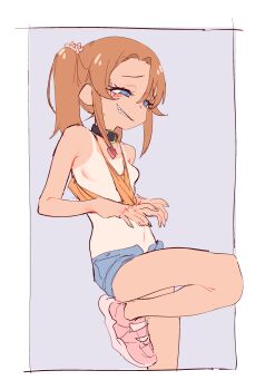 1girl absurdres blue_eyes borrowed_character breasts collar eds grin highres loli mesugaki no_nipples orange_hair original ponytail short_shorts shorts sidelocks simple_background sketch small_breasts smile tan tanline white_background yuma_(ebisujima_misato)