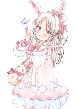 Rule 34 | 1girl, animal ears, blush, brown eyes, brown hair, bug, butterfly, commentary request, dress, highres, idolmaster, idolmaster cinderella girls, insect, long hair, looking at viewer, open mouth, rabbit ears, shin fuj, solo, stuffed animal, stuffed rabbit, stuffed toy, tachibana arisu