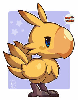 blue_eyes blush_stickers border chocobo commentary english_commentary final_fantasy full_body highres no_humans solo sound_effects speech_bubble standing white_border woofzilla world_of_final_fantasy