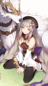 1girl beret blunt_bangs braid detached_sleeves granblue_fantasy hakutaku_(granblue_fantasy) hat heterochromia highres long_hair nanahara_fuyuki pholia quad_braids sitting smile thighhighs very_long_hair wariza wide_sleeves