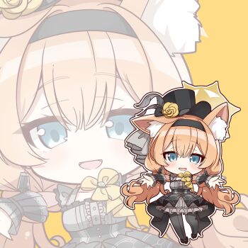 1girl :d absurdres animal_ear_fluff animal_ears black_dress black_hairband black_hat black_pantyhose black_wrist_cuffs blue_archive blue_eyes blush cat_ears cat_girl center_frills chibi chibi_only dress earrings extra_ears flower frilled_dress frills full_body grey_dress hair_between_eyes hairband halo hashtag-only_commentary hat hat_feather hat_flower highres idol idol_clothes jewelry long_hair looking_at_viewer low_twintails mari_(blue_archive) mari_(idol)_(blue_archive) medium_dress nckak9rjjdjff4e official_alternate_costume official_alternate_hairstyle open_mouth orange_background orange_hair outline outstretched_arms outstretched_hand pantyhose rose smile solo standing striped_clothes striped_pantyhose top_hat twintails two-tone_dress vertical-striped_clothes vertical-striped_pantyhose very_long_hair white_outline wrist_cuffs yellow_flower yellow_halo yellow_rose zoom_layer