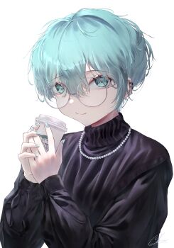 1girl absurdres alternate_hair_length alternate_hairstyle aqua_eyes aqua_hair aqua_nails black_shirt chroufreestyle014 closed_mouth coffee commentary_request cup disposable_coffee_cup disposable_cup ear_piercing fingernails glass glasses grey-framed_eyewear hair_between_eyes hatsune_miku highres holding holding_cup jewelry nail_polish necklace pearl_necklace piercing round_eyewear shirt short_hair signature simple_background smile solo upper_body very_short_hair vocaloid white_background