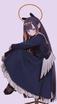 1girl absurdres artist_name black_shoes blue_dress blue_eyes blunt_bangs diamond_hairband dress expressionless frilled_dress frills full_body gradient_hair halo halo_behind_head hashtag-only_commentary highres hololive hololive_english imfa46 long_hair long_sleeves looking_at_viewer low_wings mole mole_under_eye multicolored_hair ninomae_ina'nis orange_hair pointy_ears purple_hair sailor_collar shoes sidelocks sitting solo stool tentacle_hair tentacles very_long_hair virtual_youtuber white_sailor_collar wings