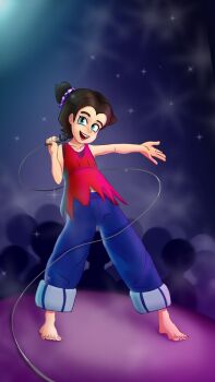 1girl armpit_crease artist_request baggy_pants bare_shoulders barefoot blue_eyes brown_hair child clenched_hand collarbone concert crowd curtained_hair denim donkey_kong_(series) donkey_kong_bananza feet female_focus fingernails flat_chest freckles hair_intakes hair_ornament happy highres holding holding_microphone jeans lips microphone midriff_peek navel neck nintendo open_hand open_mouth outstretched_arm pants pants_rolled_up pauline_(mario) pauline_(young)_(mario) red_shirt shirt side_ponytail sidelocks sleeveless sleeveless_shirt smile stage standing toenails toes topknot