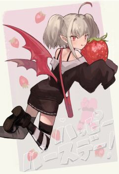 1girl :q ahoge ankle_boots bag bare_shoulders black_boots black_jacket black_skirt black_thighhighs blush boots collar colored_tips demon_wings dyed_ahoge fang flying food from_behind fruit full_body grey_hair hair_between_eyes handbag happy_birthday highres holding holding_food holding_fruit jacket looking_at_viewer looking_back makaino_ririmu makaino_ririmu_(2nd_costume) medium_hair miniskirt multicolored_hair nananamyara nijisanji off-shoulder_jacket off_shoulder platform_boots pointy_ears red_bag red_collar red_eyes red_streaks red_wings shoe_soles shoulder_bag sidelocks skirt sleeves_past_fingers sleeves_past_wrists solo strawberry strawberry_background streaked_hair striped_clothes striped_thighhighs thighhighs tongue tongue_out twintails virtual_youtuber white_thighhighs wings