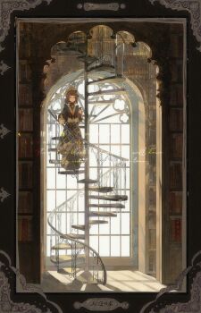 Rule 34 | 1girl, absurdres, beret, blunt bangs, book, bookshelf, border, brown eyes, brown hair, brown hat, closed mouth, commission, day, dot mouth, dot nose, dress, full body, glasses, hat, highres, holding, holding book, indoors, jewelry, library, long sleeves, mihuashi commission, necklace, original, ornate border, shen a fang, short hair, solo, stairs, standing, sunlight, watermark, window