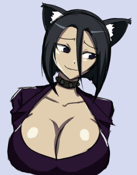 Rule 34 | 1girl, animal ears, black hair, bob cut, breasts, brown eyes, cat ears, cleavage, collar, colorfag, colorized, female focus, graph (graphiteknight), huge breasts, imageboard colors, kami nomi zo shiru sekai, nikaidou yuri, simple background, solo, studded collar, wavy mouth