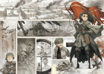 1girl after_battle asterisk_kome bolt_action boots building camouflage city cityscape comic commentary flag flying gloves gun hat helmet highres long_hair military military_hat military_uniform mosin-nagant multiple_girls original rifle ruins scope sky sniper soldier weapon wings